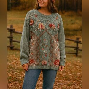 Vintage Shenanigans Hand Knit Grandma Floral Sweater Size Medium